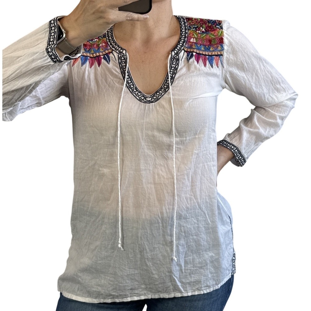 Biya Johnny Was Womens Embroidered Tunic Top Shirt Size XS White Cotton Gauze